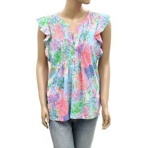 Lilly Pulitzer Golda Blouse Top Ruffle Pintuck Floral Printed Cotton S 288009